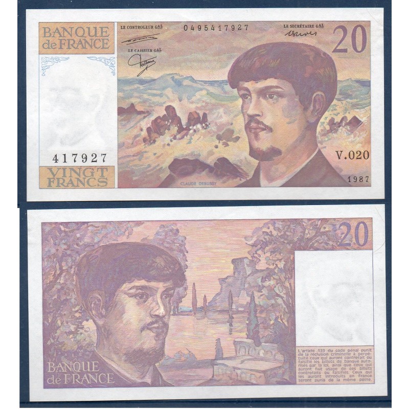 20 Francs Debussy SPL 1987 Billet de la banque de France