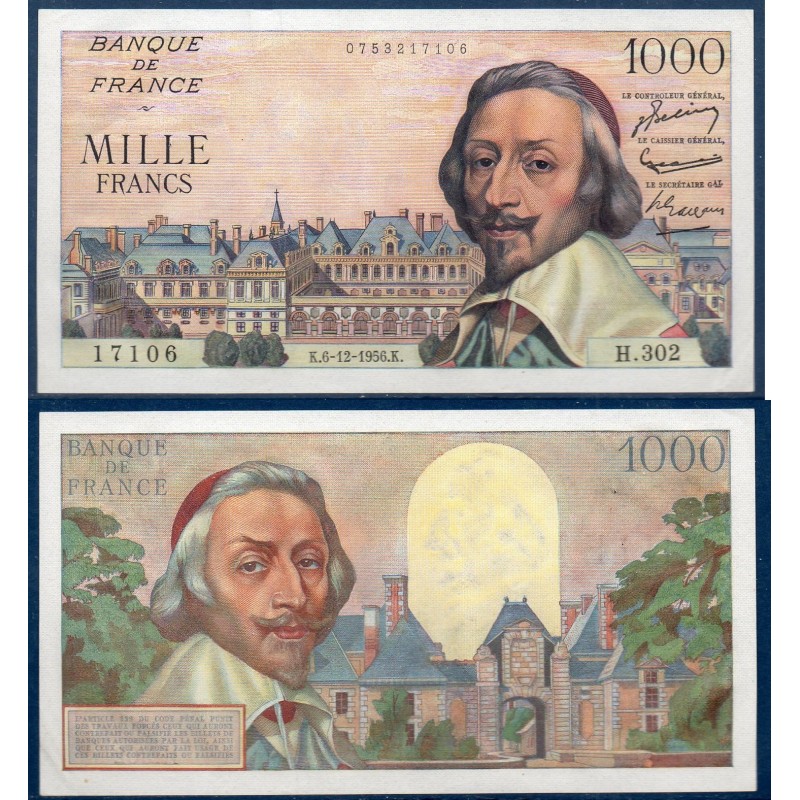 1000 Francs Richelieu Sup 6.12.1956 Billet de la banque de France