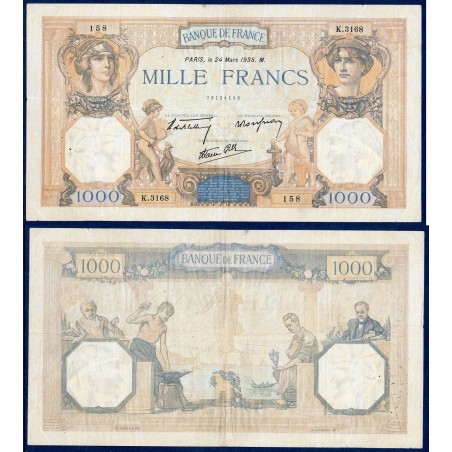 1000 Francs Cérès et Mercure TB+ 24.3.1938 Billet de la banque de France