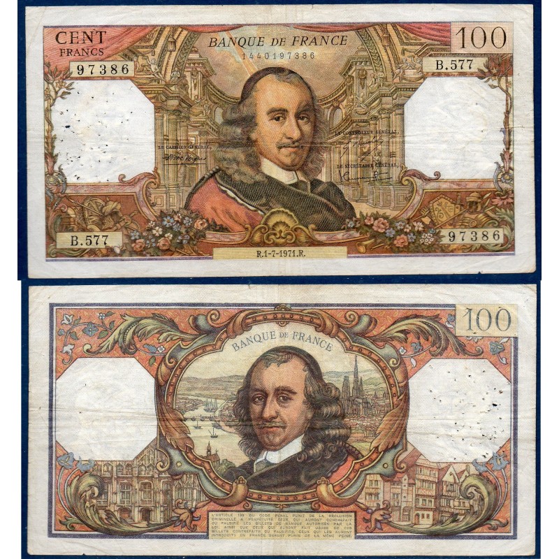 100 Francs Corneille TB  1.7.1971 Billet de la banque de France