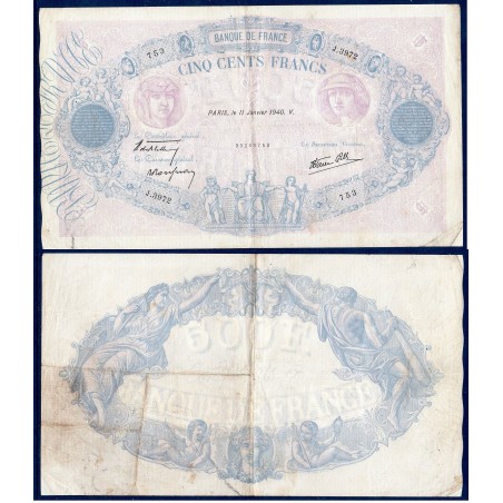 500 Francs Bleu et Rose TB+ 11.1.1940 Billet de la banque de France