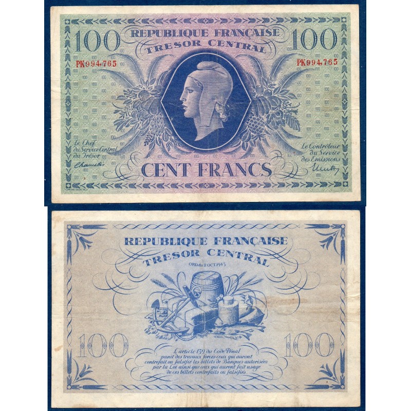 100 Francs Marianne TB 1943 série PG Billet du trésor Central