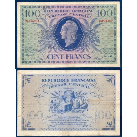 100 Francs Marianne TB 1943 série PG Billet du trésor Central