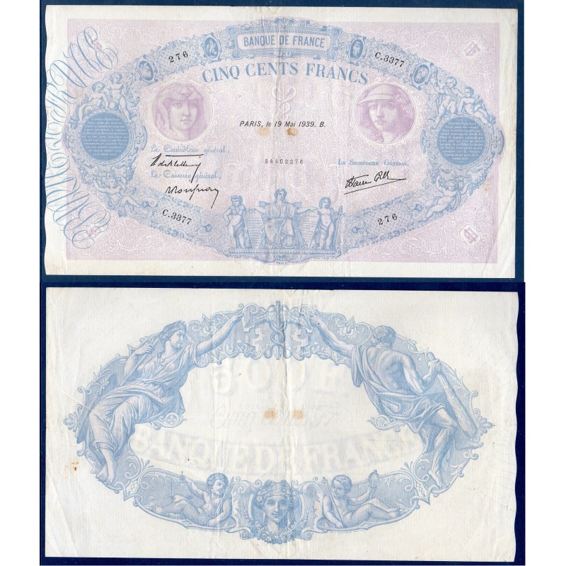 500 Francs Bleu et Rose TTB- 19.5.1939 Billet de la banque de France