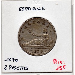 Espagne 2 pesetas 1870 TTB, KM 654 pièce de monnaie