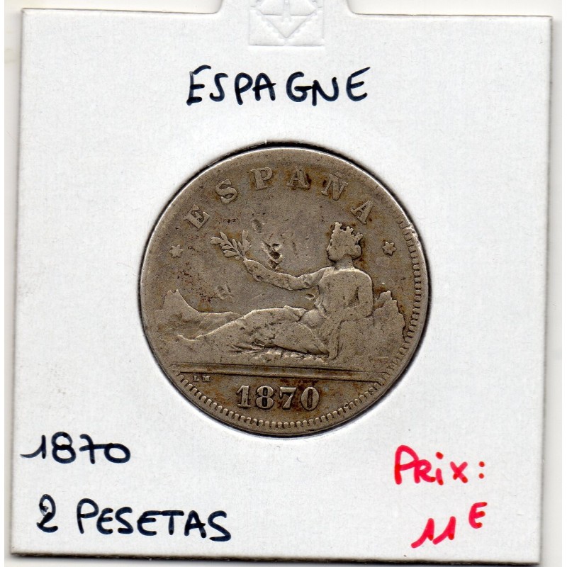 Espagne 2 pesetas 1870 TB, KM 654 pièce de monnaie