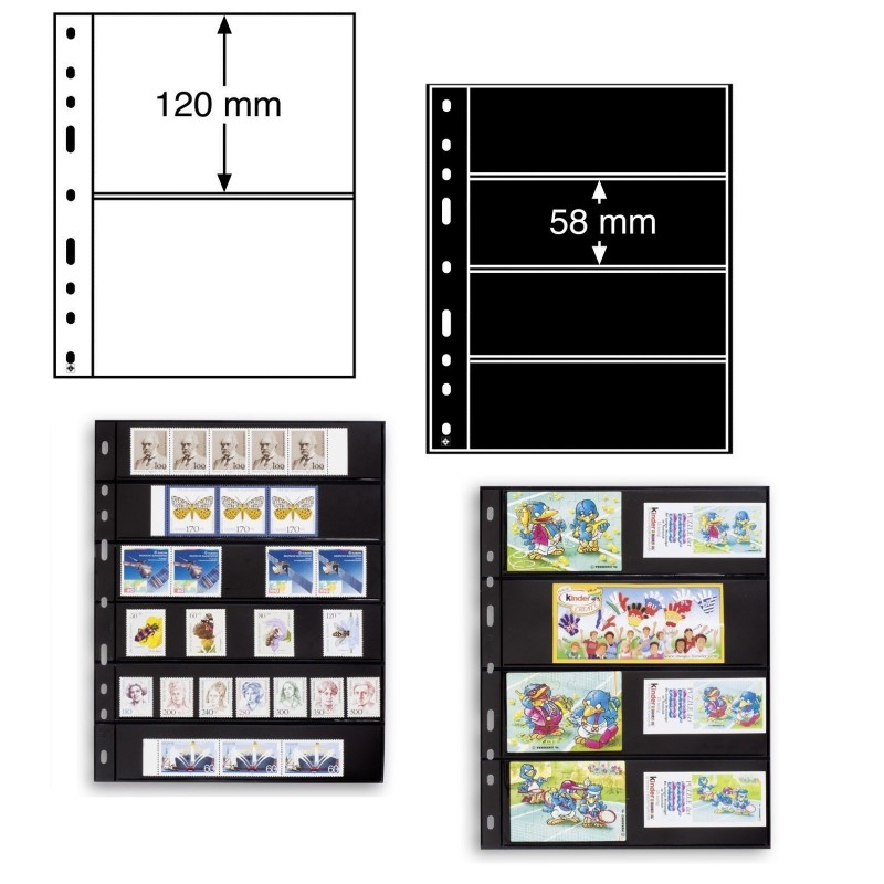 Feuilles OPTIMA pour classement des timbres, Pochettes noires ou transparentes