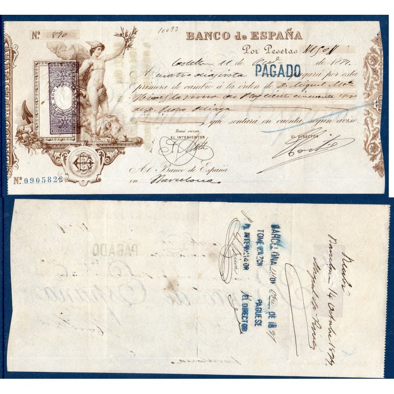 Espagne Chèque Banco de España 250 pesetas 1897