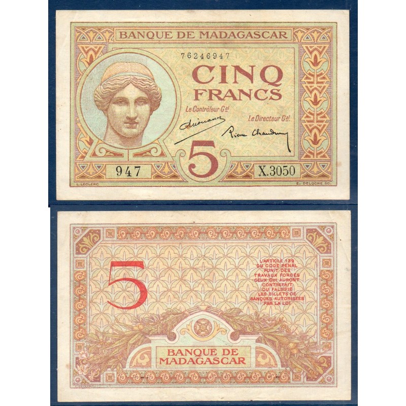 Madagascar Pick N°35, TTB+ Billet de banque de 5 Francs 1937