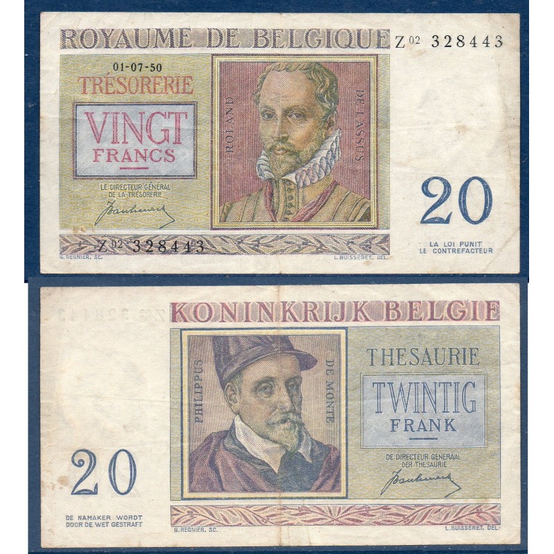 Belgique Pick N°132a, TTB- Billet de banque de 20 Francs Belge 1950