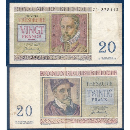 Belgique P.132a, TTB- Billet de 20 Francs 1950 Lassus