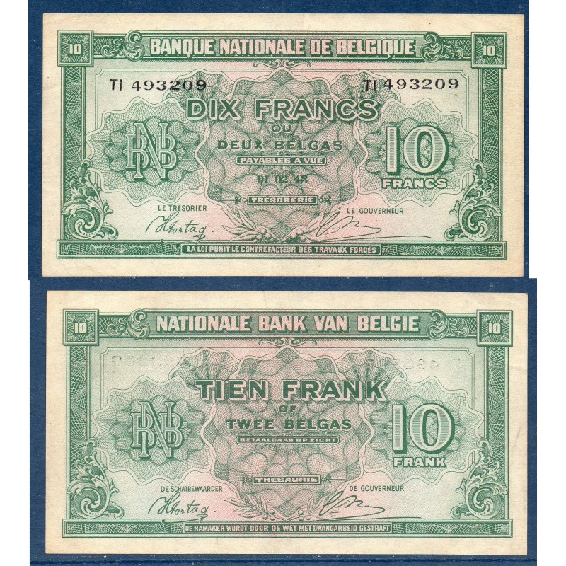 Belgique P.122, TTB Billet de 10 Francs 1943 Monogramme