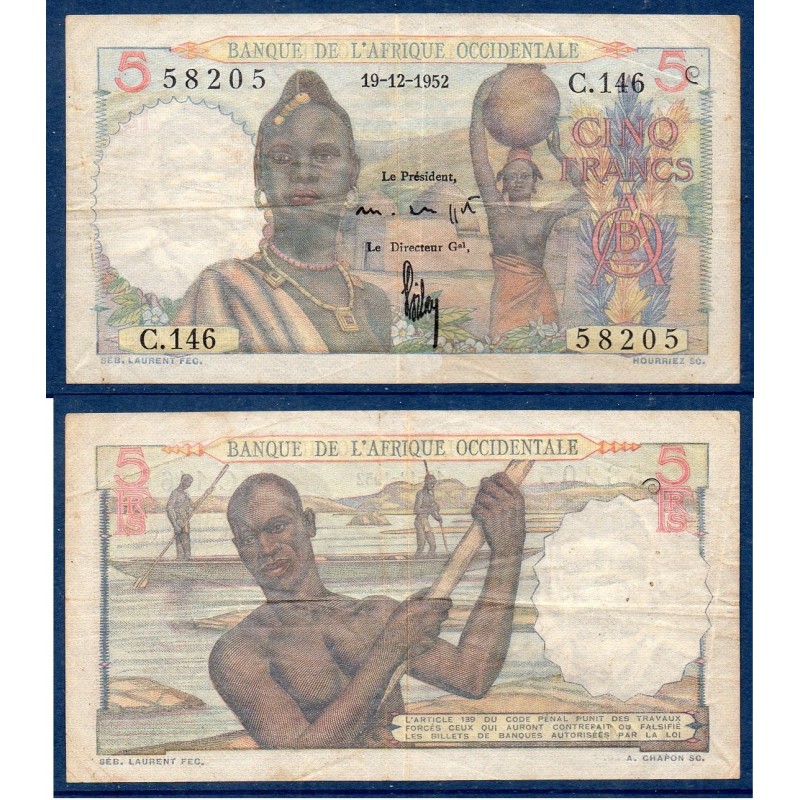 AOF P.36, TB Billet de 5 Francs 19.12.1952 pirogue