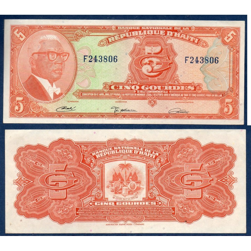 Haïti Pick N°202a, TTB Billet de banque de 5 Gourdes 1968 L 1919