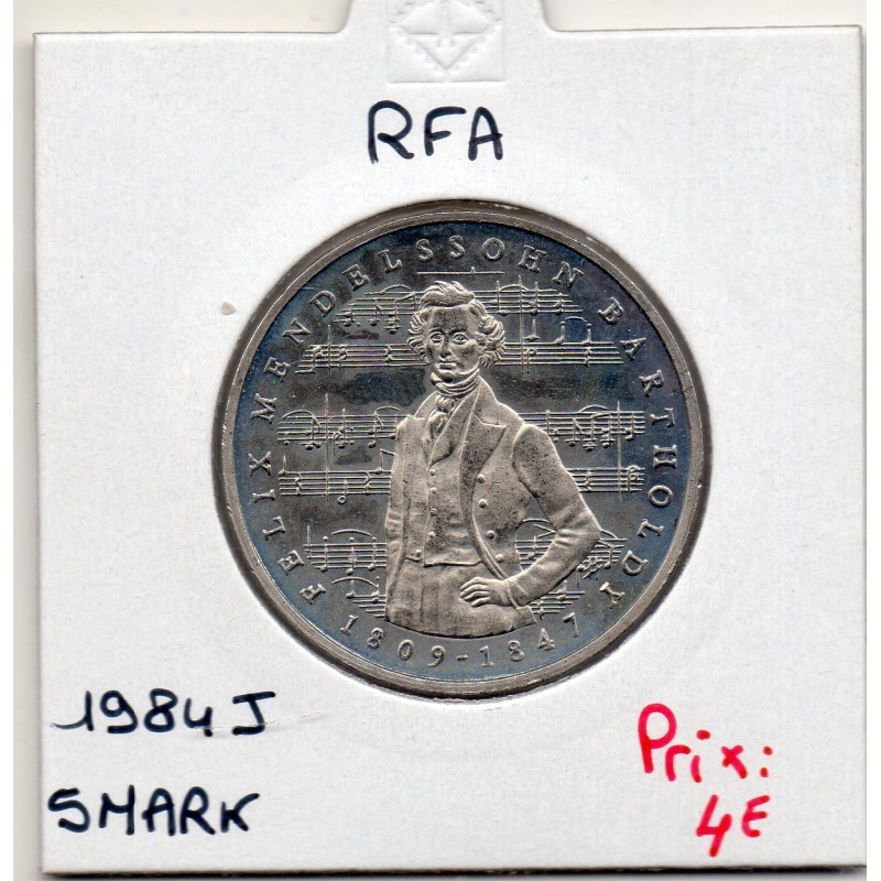 Allemagne RFA 5 deutche mark 1984 J, Sup Mendelssohn-Bartholdy KM 161 pièce de monnaie