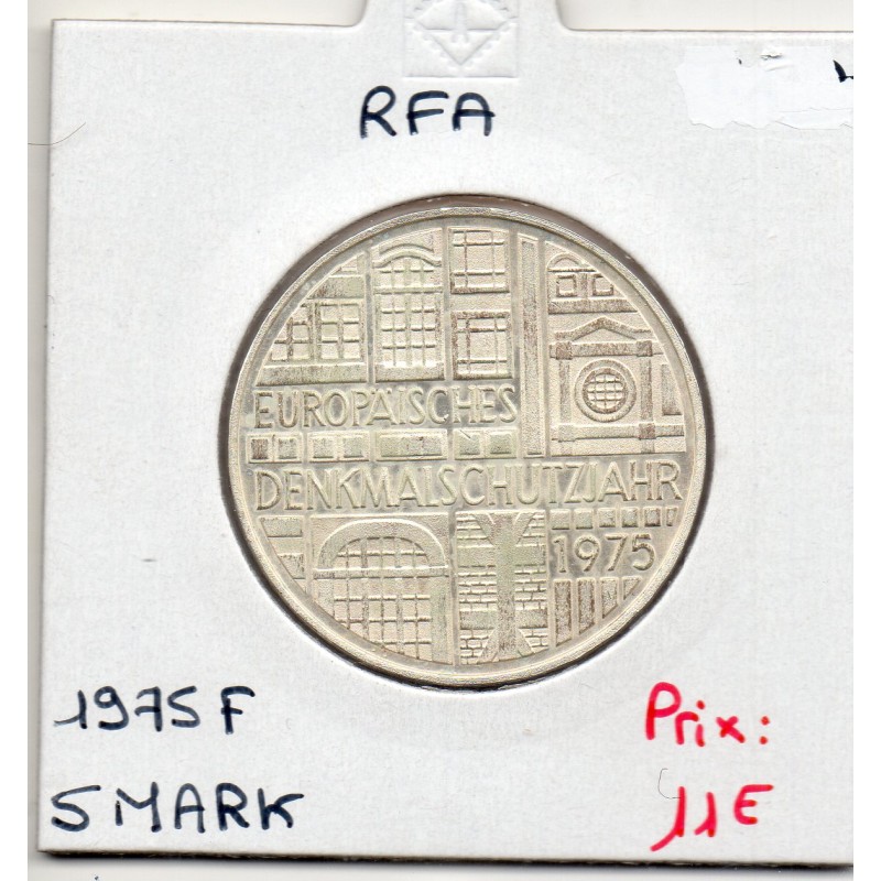 Allemagne RFA 5 deutsche mark 1975 F, Sup KM 142 Monuments Historiques pièce de monnaie