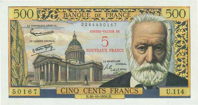 500 francs victor hugo surchargé 5 nouveaux francs