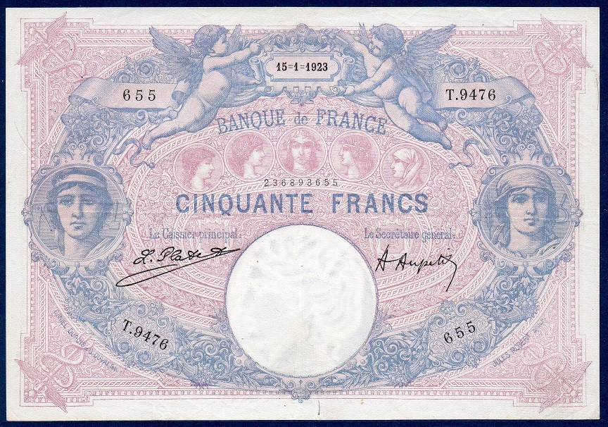 billet de 50 francs bleu et rose