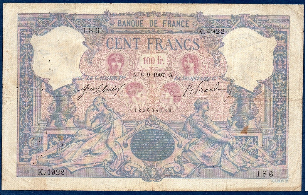 billet de 100 francs bleu et rose