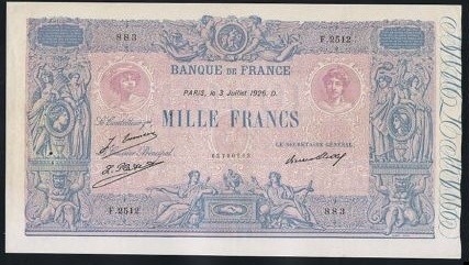 billet de 1000 francs bleu et rose