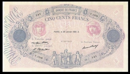 billet de 500 francs Bleu et Rose