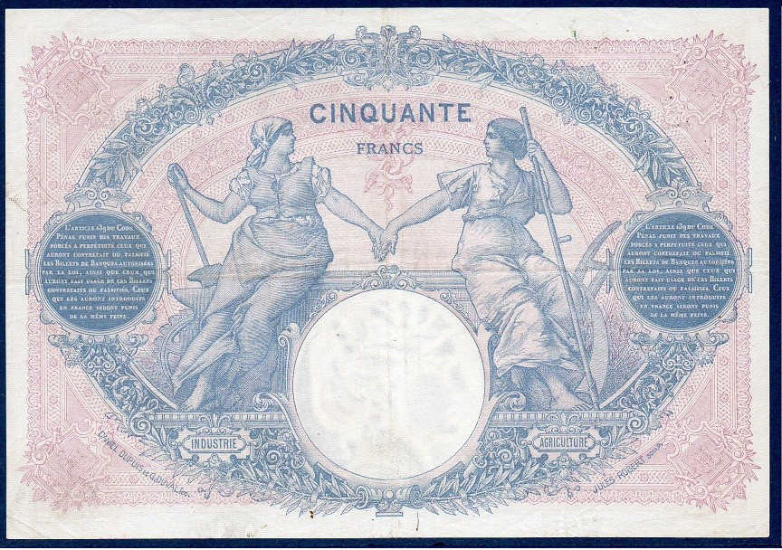 verso du 50 francs bleu et rose